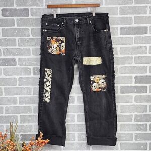 Upcycled Levi's Jeans Skull Patchwork Halloween Goth Grunge 36x28 Festival Denim